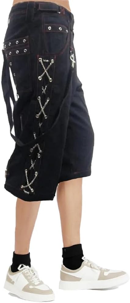パンツ theredthread Slace upshorts black Men Black Punk Shorts Gothic Cotton Shorts Punk Emo Red